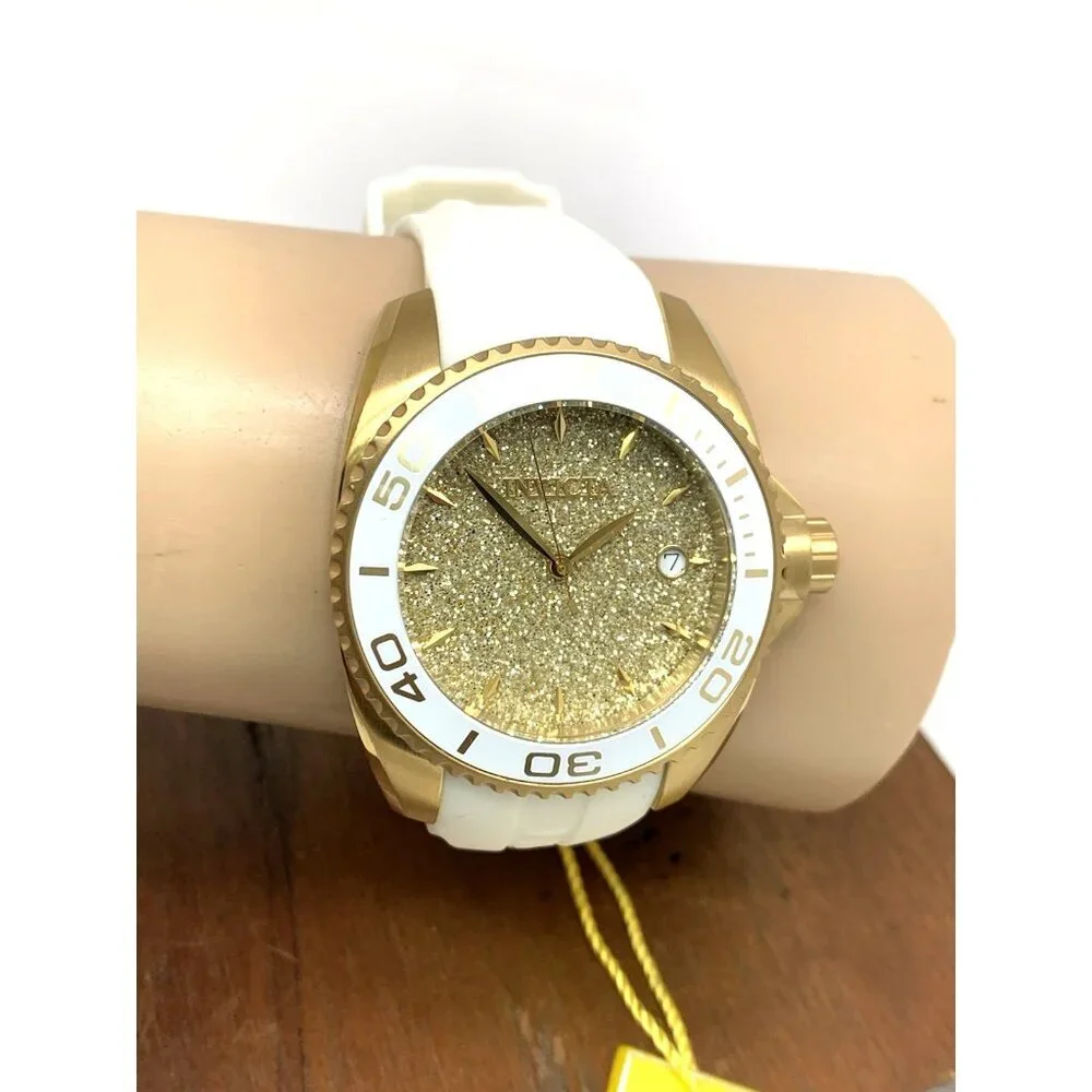 Invicta Women's Watch 22703 Angel Round Analog Date Gold Tone White Rubber Strap
